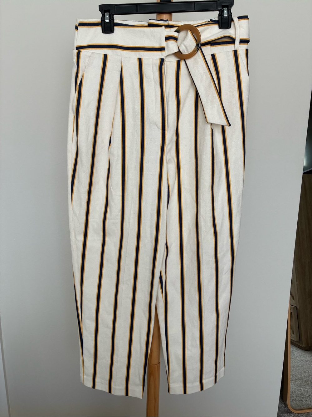 Topshop Striped Belted Women’s Pant in Cream with Navy & Gold-Mustard Stripes NW